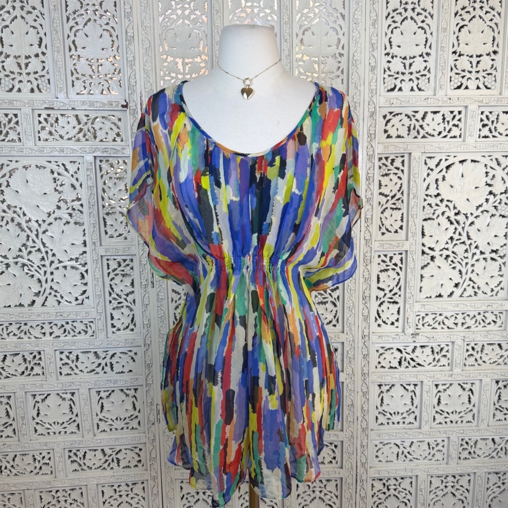 Shoshanna 100% Silk Sheer Swimsuit Coverup Womens Medium Colorful Artsy‎ Indie